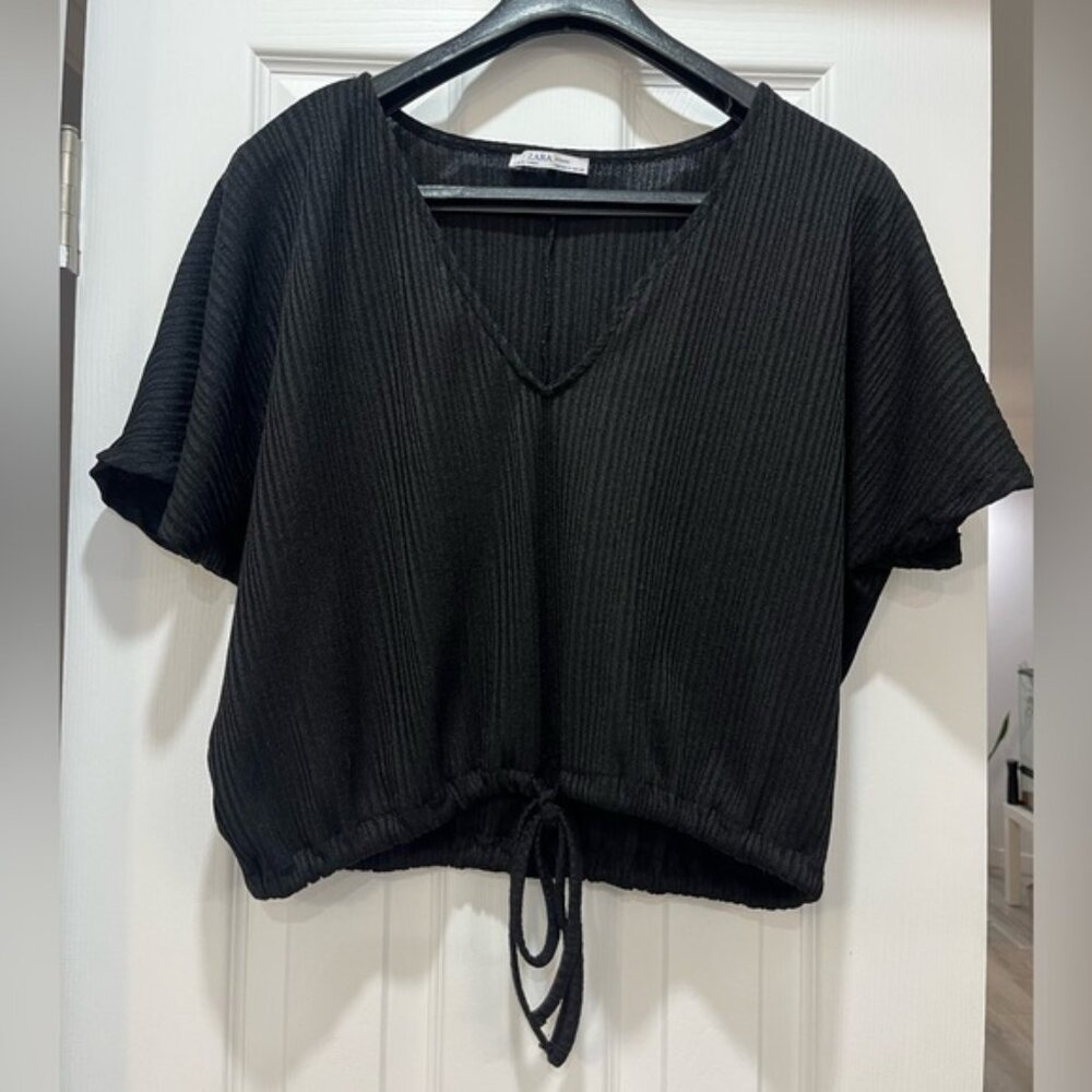 Zara Black Ribbed Short Sleeve Blouse M Drawstring Hem Oversized Minimalist Top